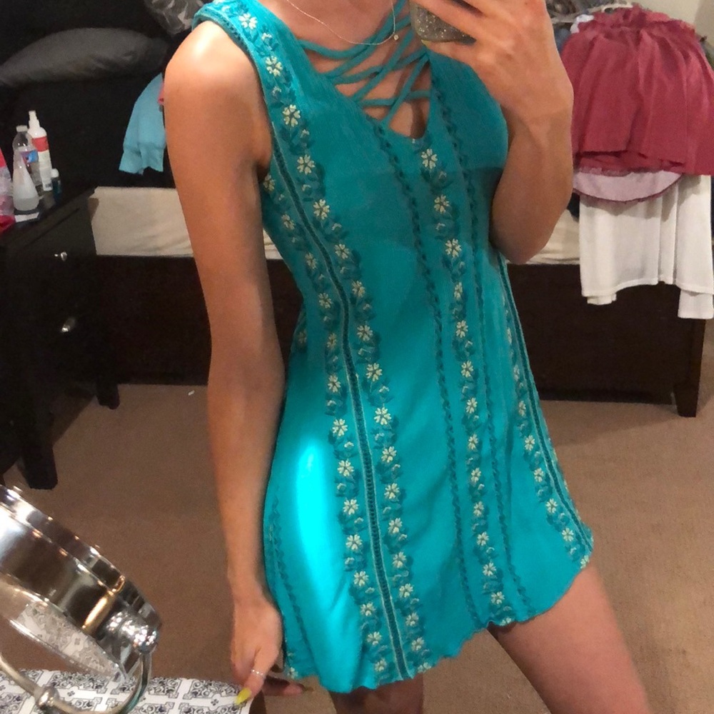 Blue floral patterned dress.